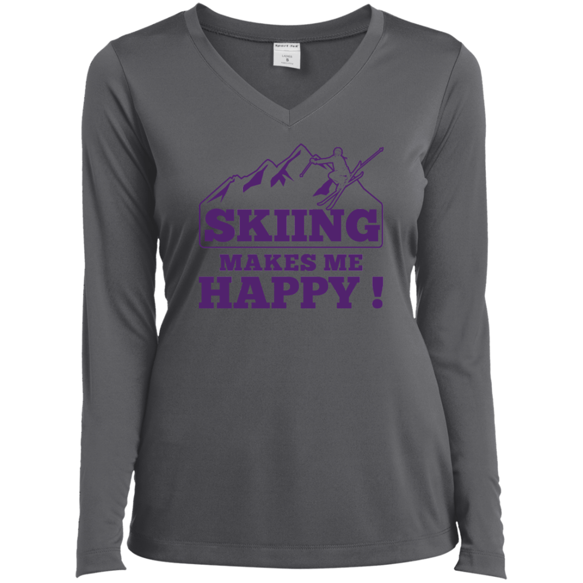 Skiing Makes Me Happy Purple Sport-Tek Ladies' LS Performance V-Neck T-Shirt - Powderaddicts