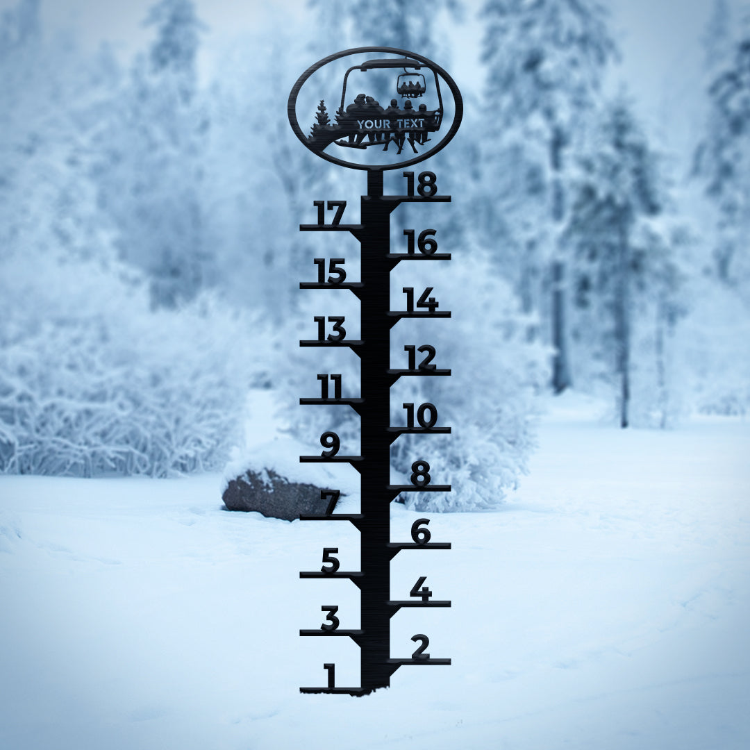 PERSONALIZED Chairlift Snow Gauge - Snowboarding Couple, 3 Skiing Children- Made in the USA
