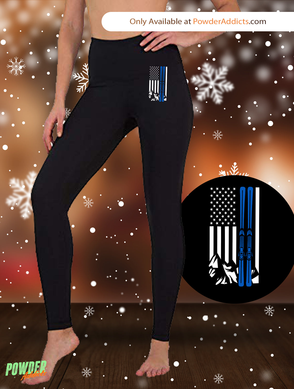 USA Ski Flag Thin Blue Line Women's Embroidered Leggings - Powderaddicts
