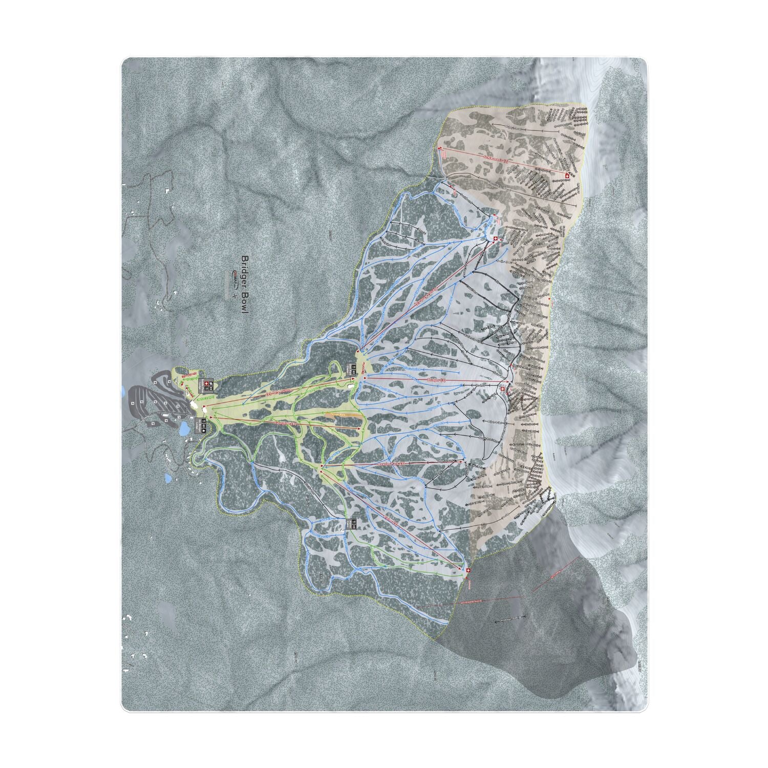 Bridger Bowl, Montana Ski Resort Map Printed Beach Towel - Powderaddicts