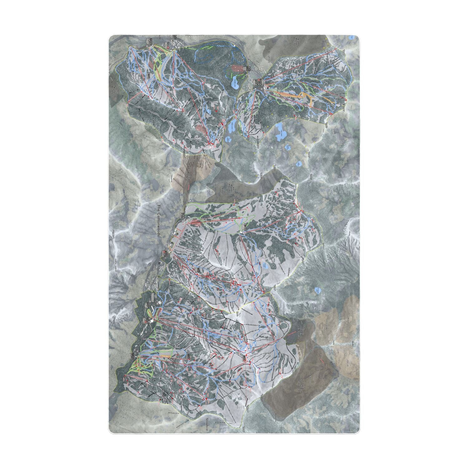 The Cottonwoods, Utah Ski Resort Map Printed Beach Towel - Powderaddicts