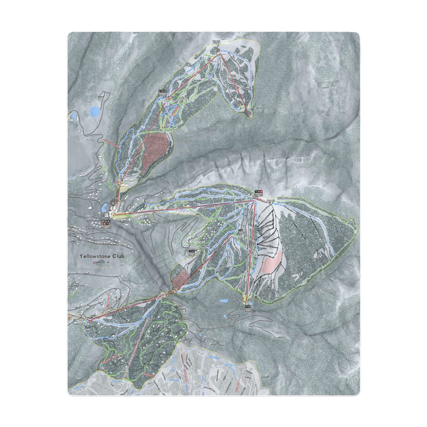 Yellowstone Club, Montana Ski Resort Map Printed Beach Towel - Powderaddicts
