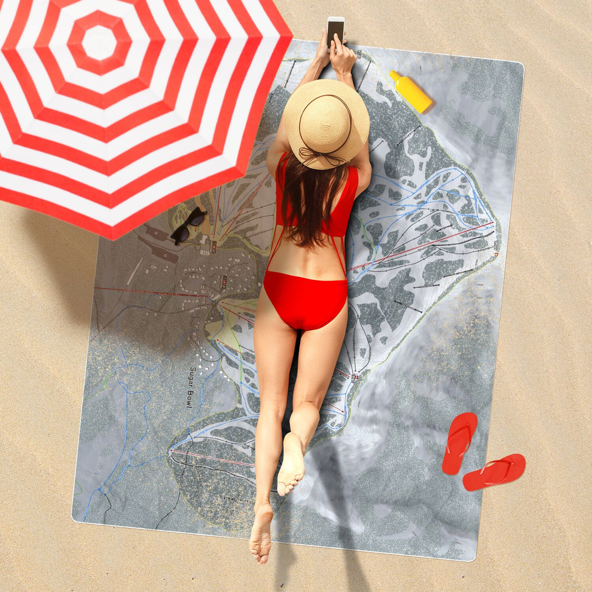 Sugar Bowl, California Ski Resort Map Printed Beach Towel - Powderaddicts