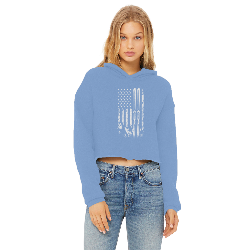 USA Ski Flag Ladies Cropped Raw Edge Hoodie - Powderaddicts