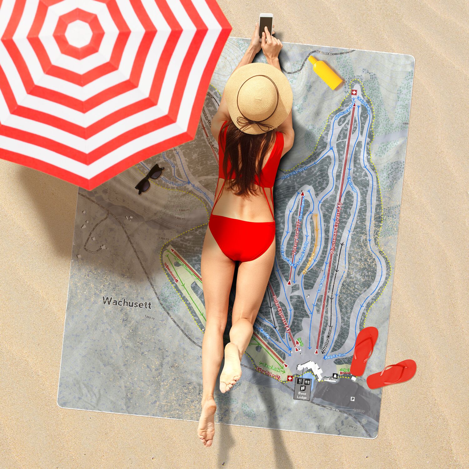 Wachusett, Massachusetts Ski Resort Map Printed Beach Towel - Powderaddicts