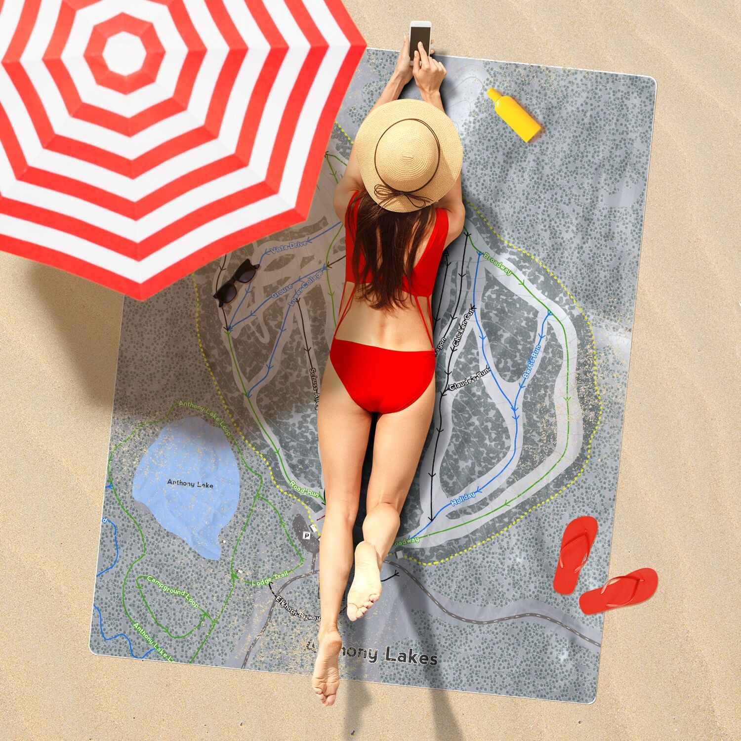 Anthony Lakes, Oregon Ski Resort Map Printed Beach Towel - Powderaddicts