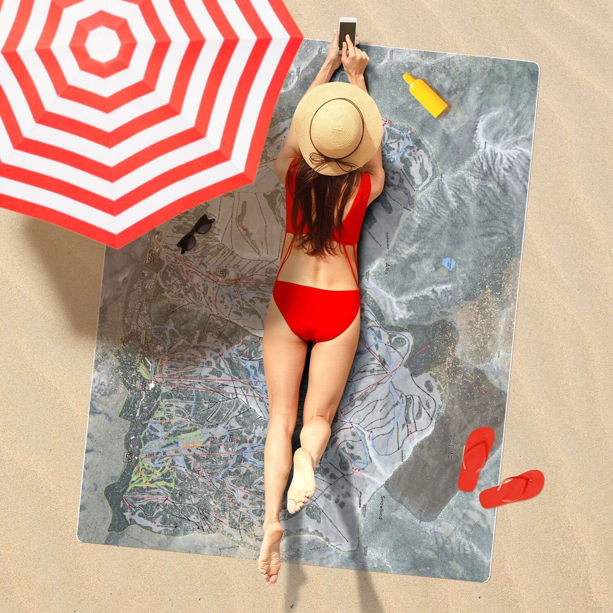 Little Cottonwood Canyon, Utah Ski Resort Map Printed Beach Towel - Powderaddicts