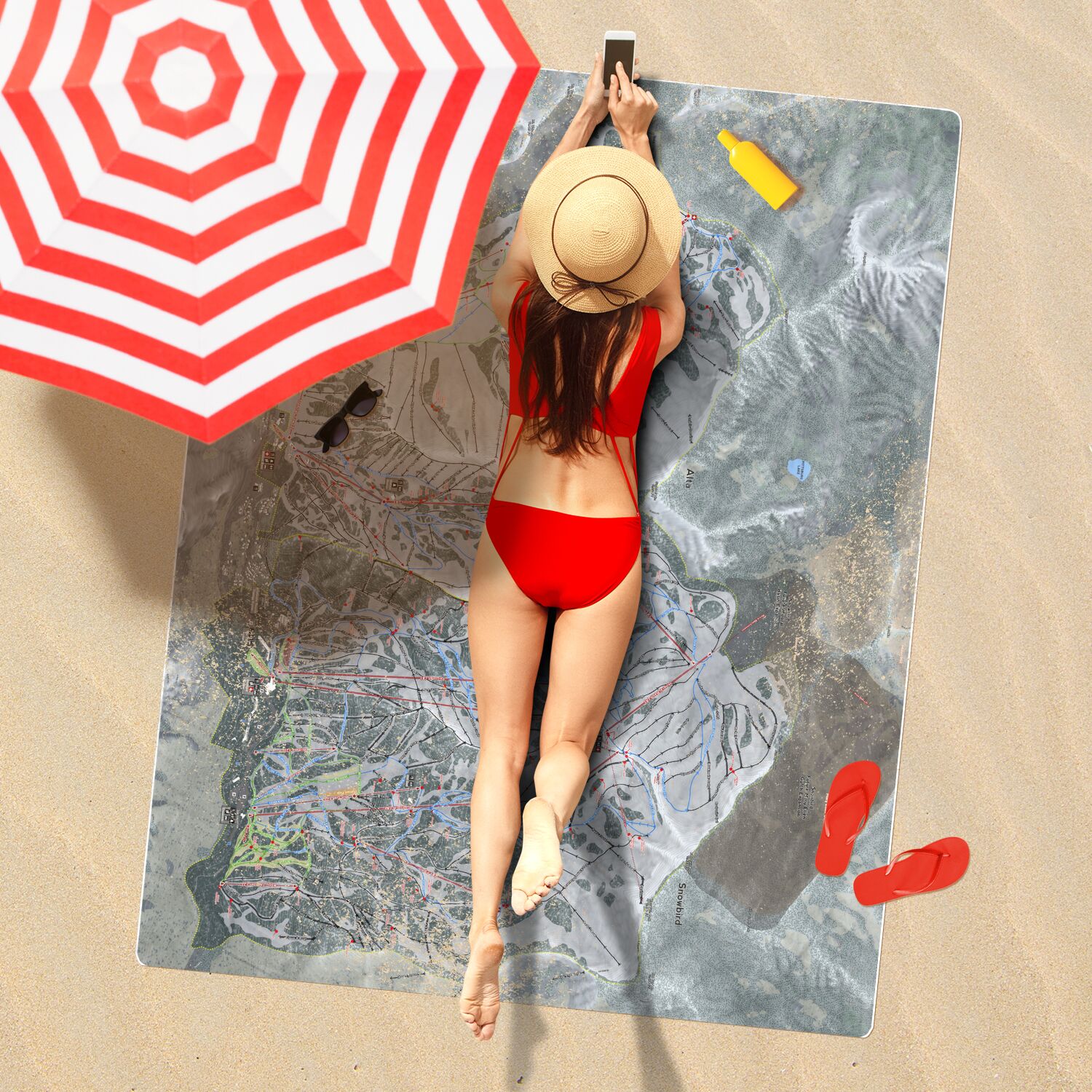 Little Cottonwood Canyon, Utah Ski Resort Map Printed Beach Towel - Powderaddicts