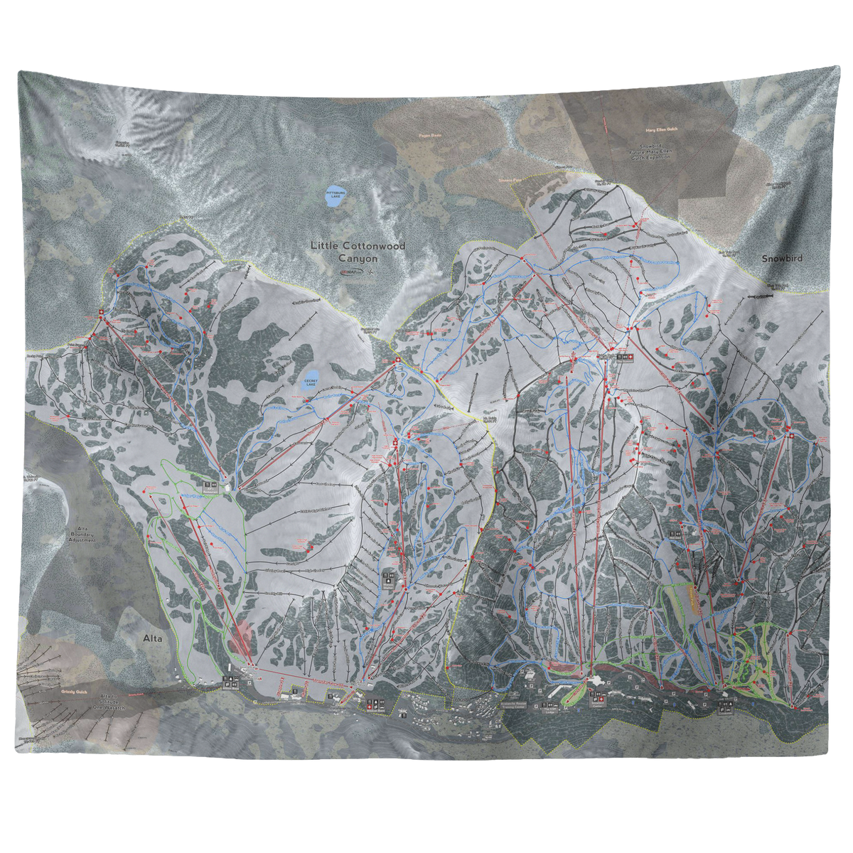 Little Cottonwood Canyon Utah Ski Trail Map Wall Tapestry