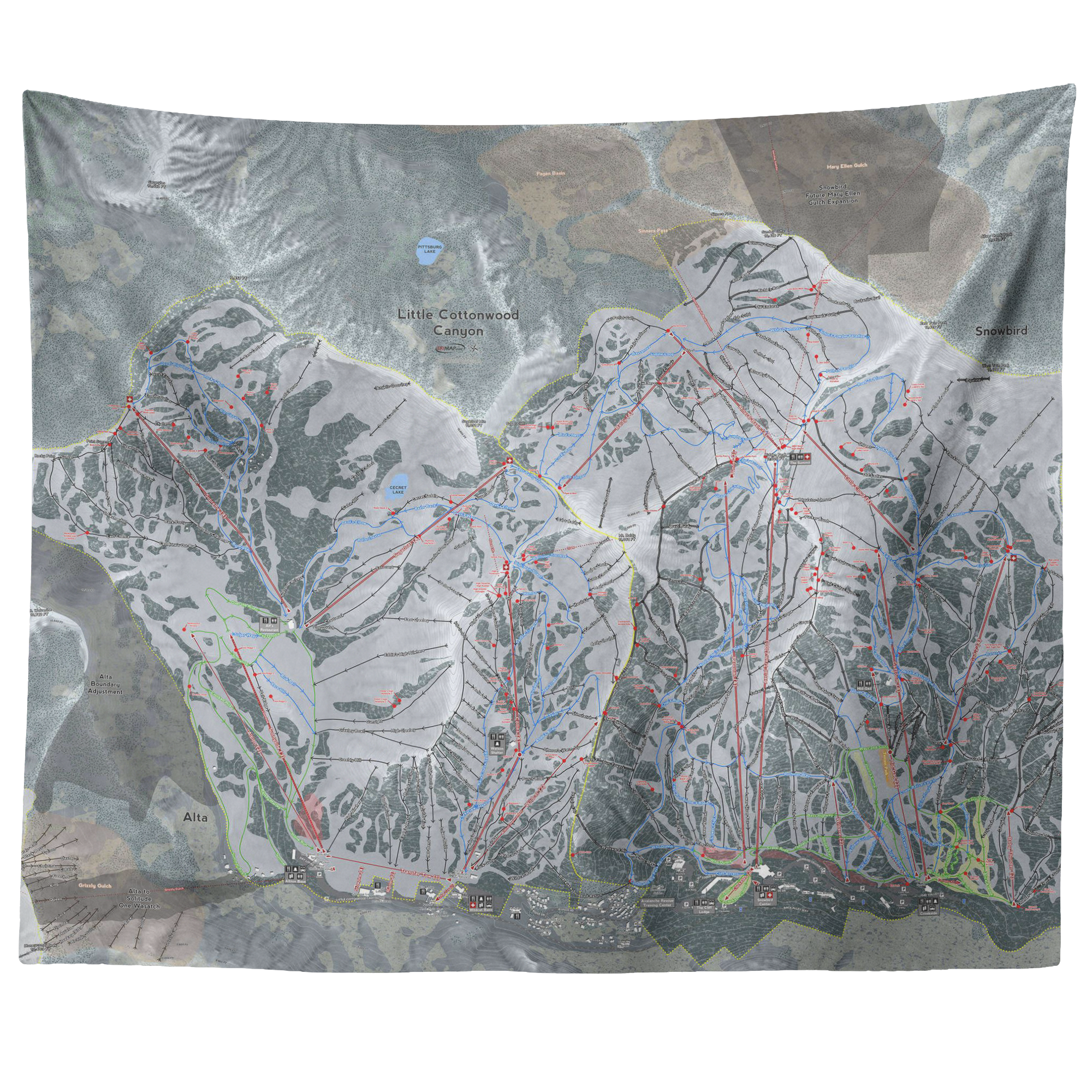 Little Cottonwood Canyon Utah Ski Trail Map Wall Tapestry - Powderaddicts