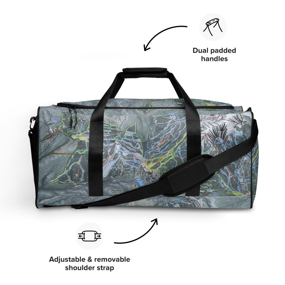 Big Sky, Montana Ski Trail Map Printed Duffle Bag - Powderaddicts