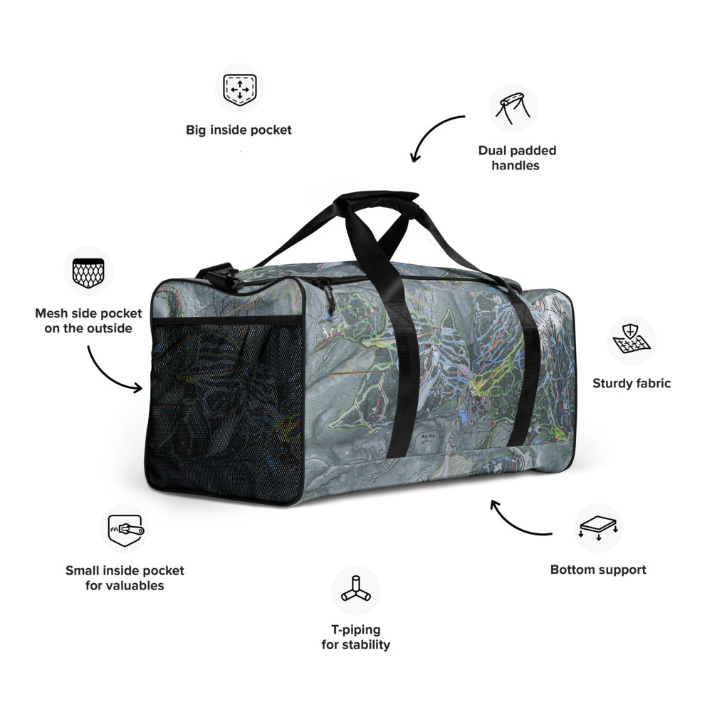 Big Sky, Montana Ski Trail Map Printed Duffle Bag - Powderaddicts