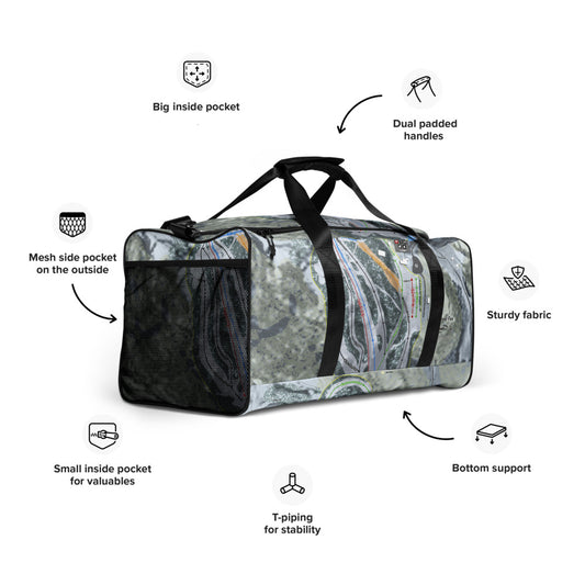 Frost Fire, North Dakota Ski Trail Map Duffle Bag - Powderaddicts