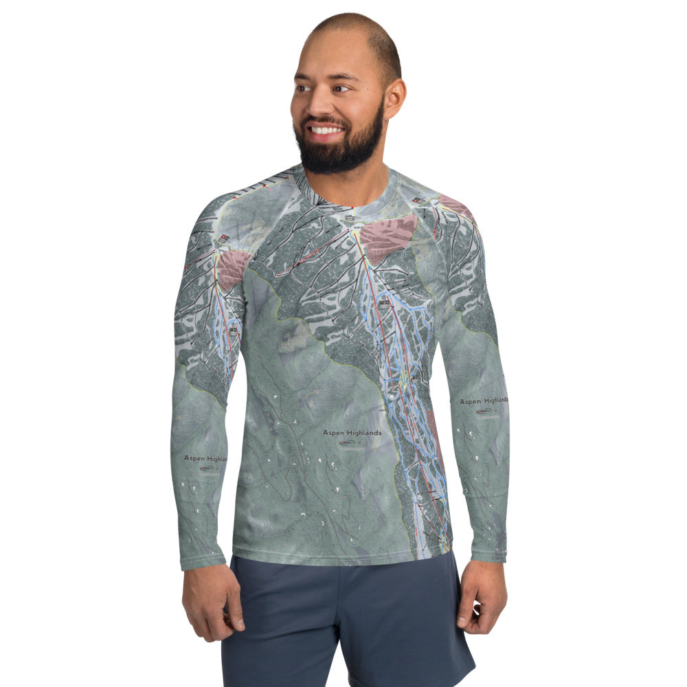 Aspen Highlands, Colorado Ski Trail Map Men's Base Layer Top - Powderaddicts