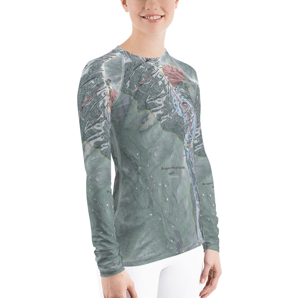 Aspen Highlands, Colorado Ski Trail Map Women&#39;s Base Layer Top - Powderaddicts