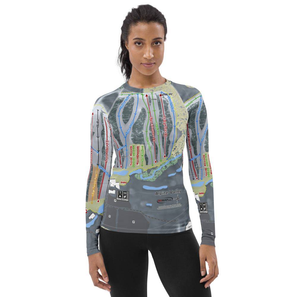 Alpine Valley, Michigan Ski Trail Map Women&#39;s Base Layer Top - Powderaddicts