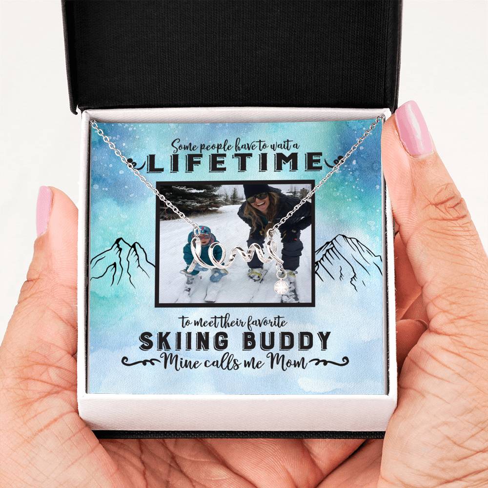 PERSONALIZED Photo Message Card | Some People Wait A Lifetime To Find Their Favorite Skiing Buddy, Mine Calls Me Mom | Scripted Love Necklace - Surgical Steel & Yellow Gold - Powderaddicts