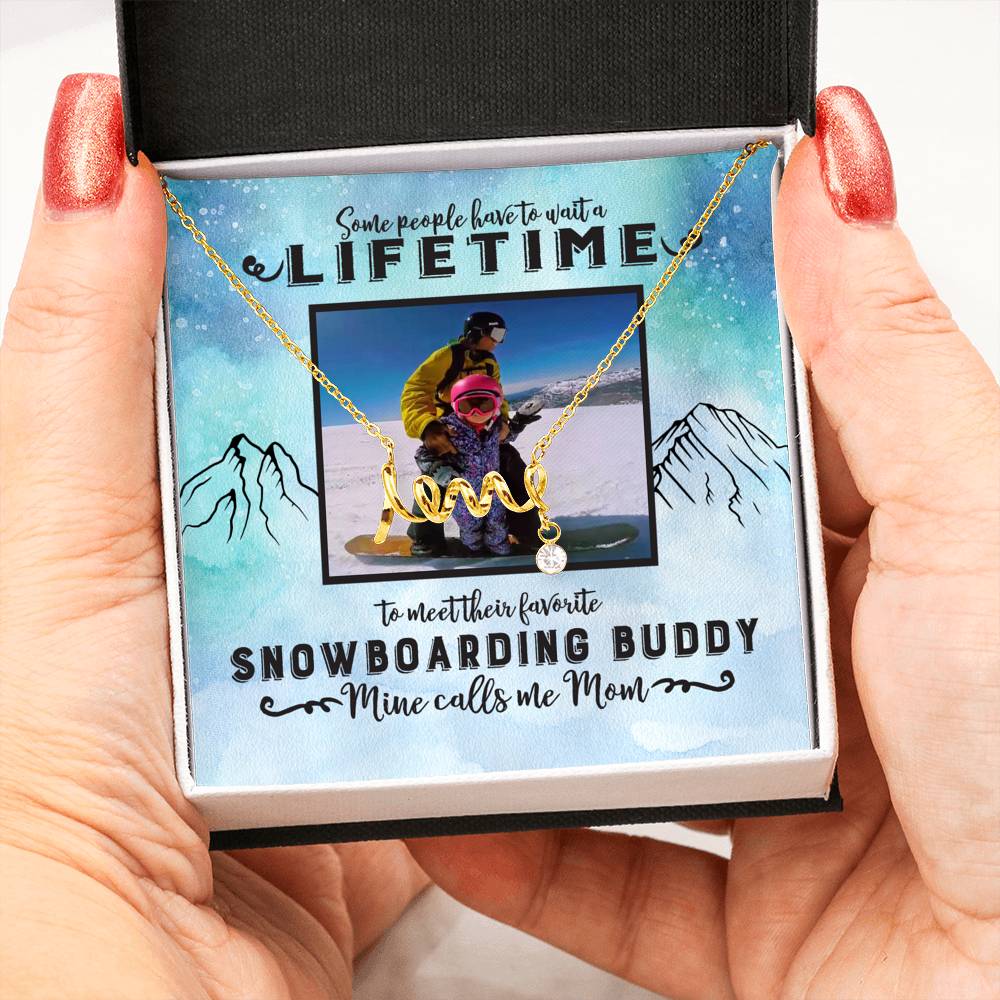 PERSONALIZED Photo Message Card | Some People Wait A Lifetime To Find Their Favorite Snowboarding Buddy, Mine Calls Me Mom | Scripted Love Necklace - Surgical Steel &amp; Yellow Gold - Powderaddicts
