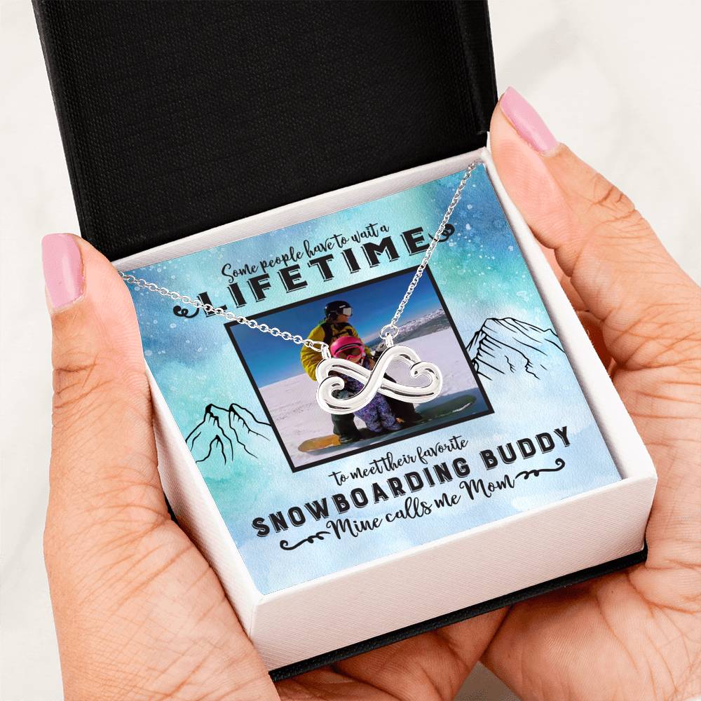 PERSONALIZED Photo Message Card | Some People Wait A Lifetime To Find Their Favorite Snowboarding Buddy, Mine Calls Me Mom | Infinity Heart Necklace - White & Yellow Gold - Powderaddicts