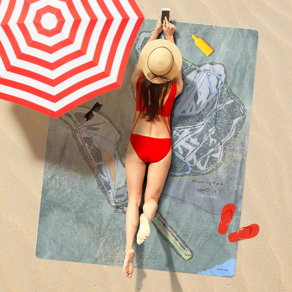 Manning Park, British Columbia Ski Resort Map Printed Beach Towel - Powderaddicts