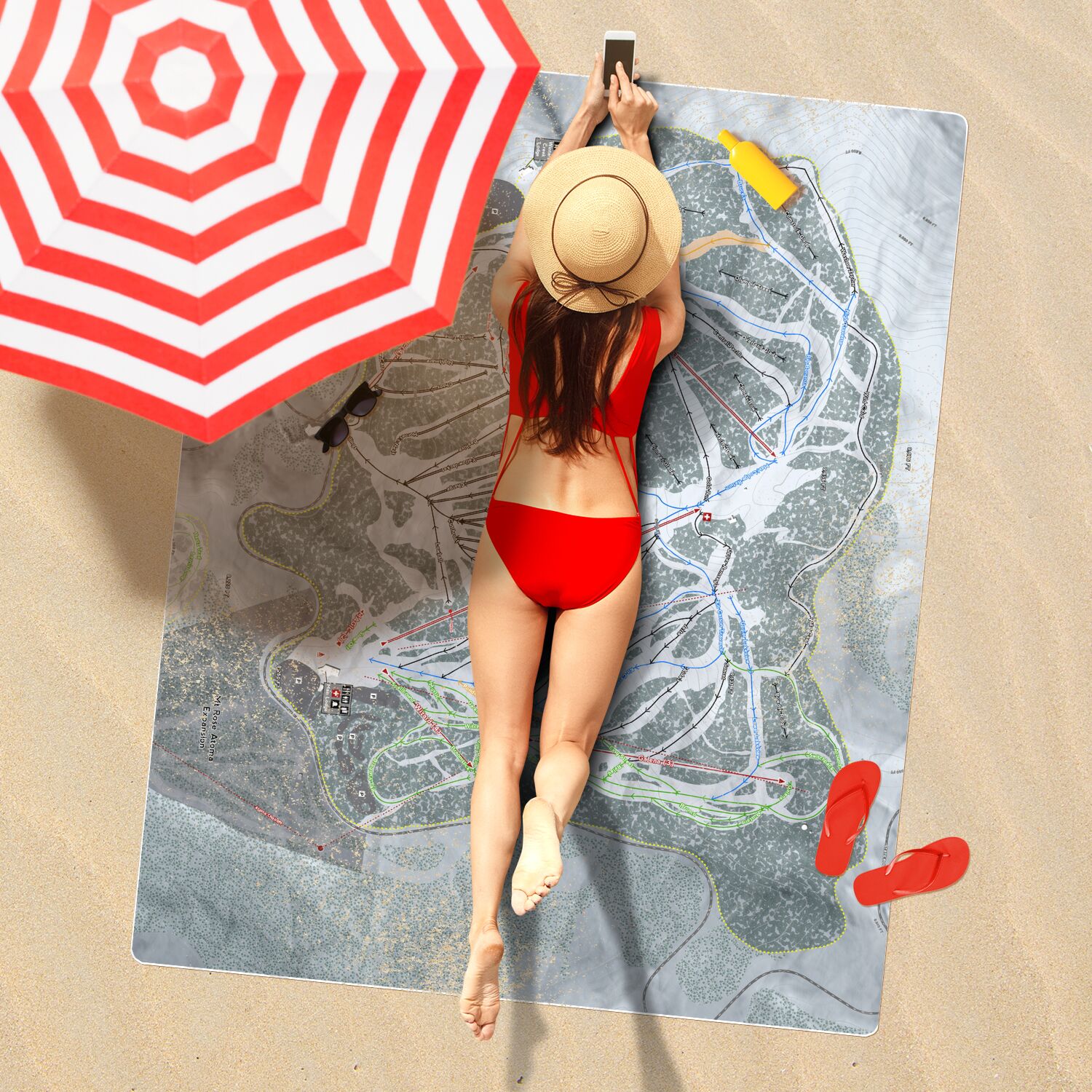 Mt Rose, Nevada Ski Resort Map Printed Beach Towel - Powderaddicts