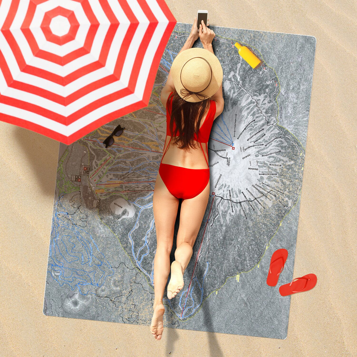 Mt Bachelor, Oregon Ski Resort Map Printed Beach Towel - Powderaddicts