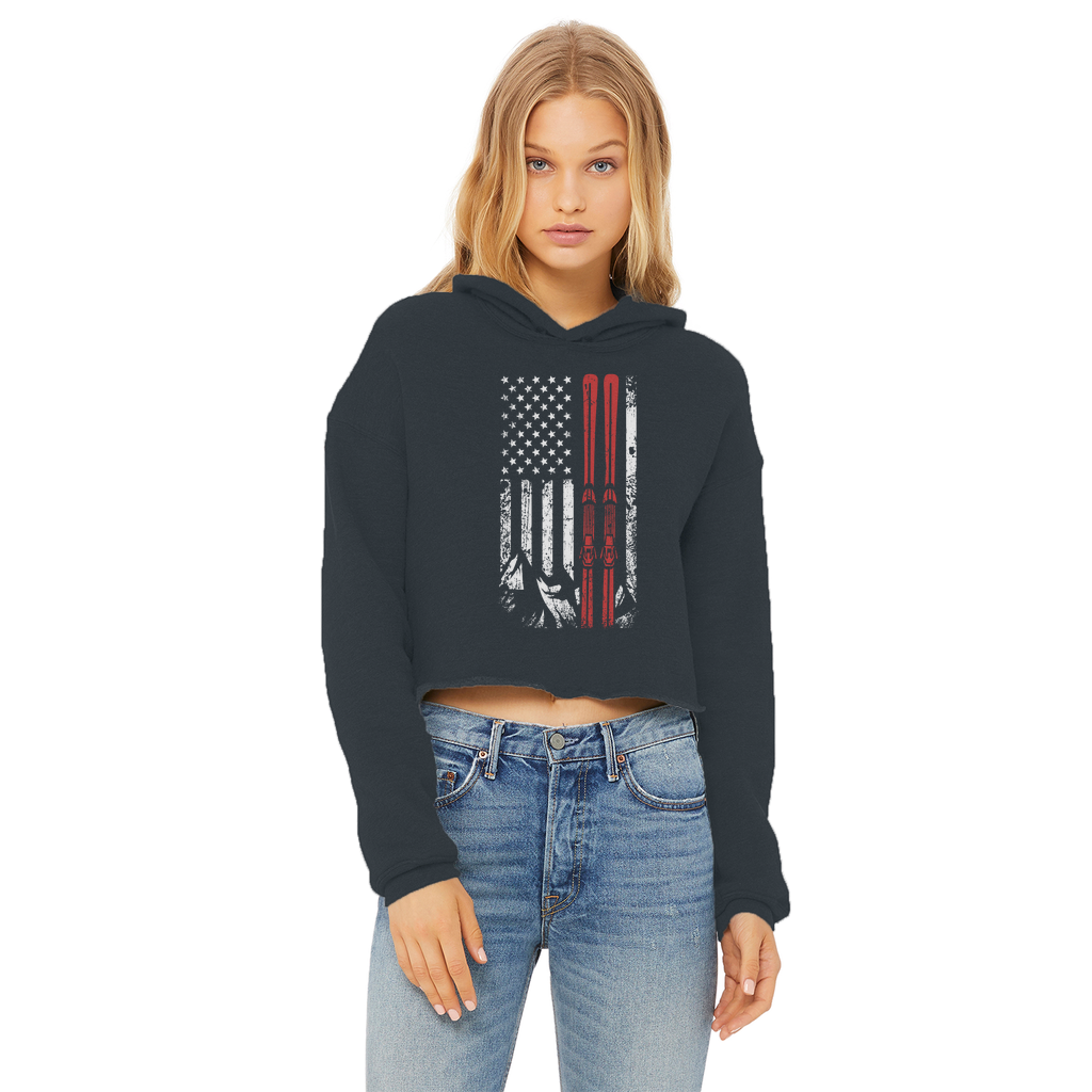 USA Flag - Ski - Thin Red Line Ladies Cropped Raw Edge Hoodie - Powderaddicts