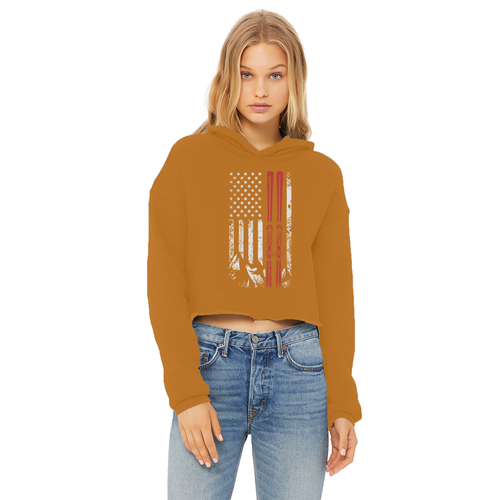 USA Flag - Ski - Thin Red Line Ladies Cropped Raw Edge Hoodie - Powderaddicts