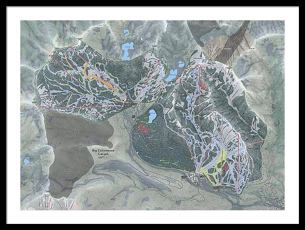 Big Cottonwood Canyon, Utah  Ski Trail Map  - Framed Print - Powderaddicts
