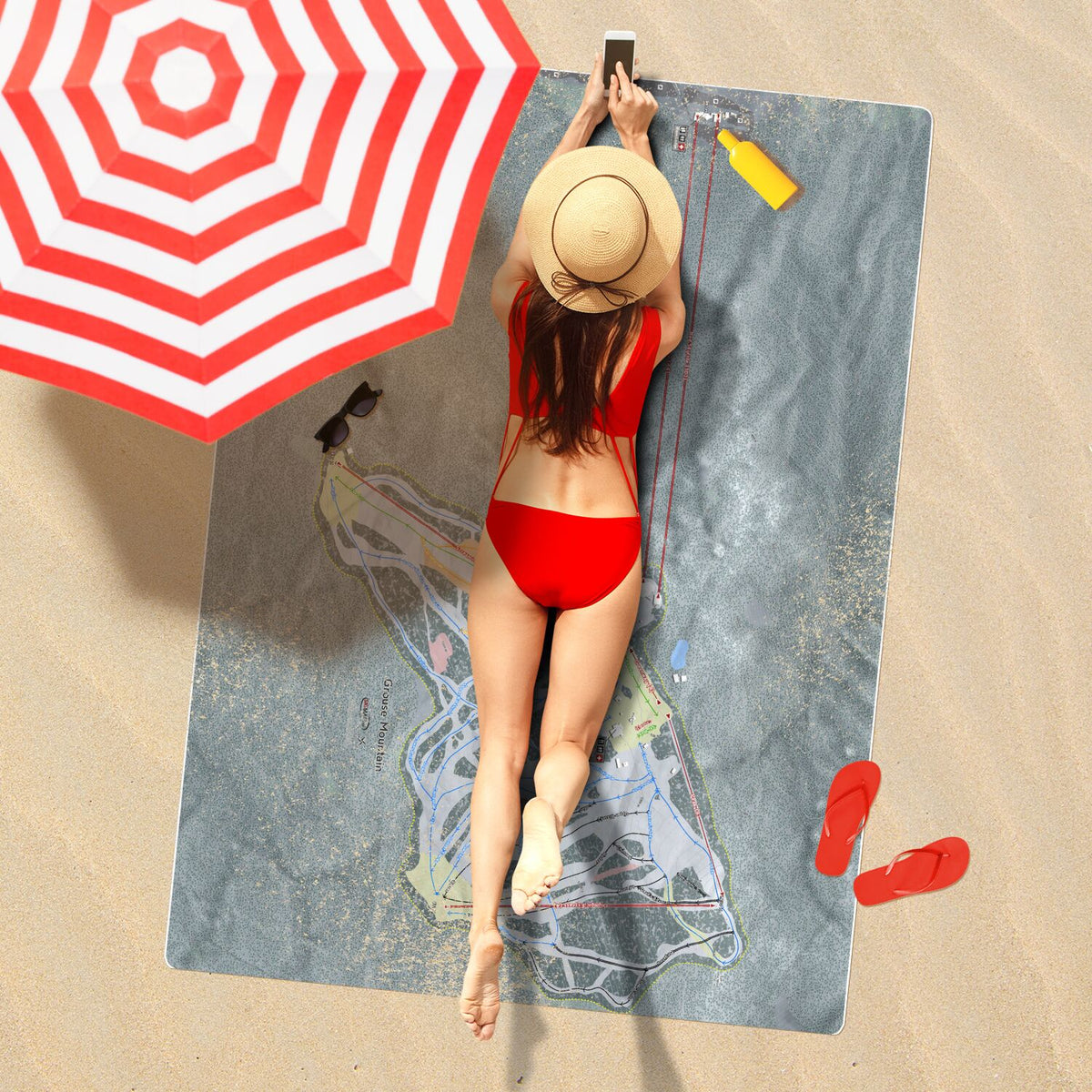 Grouse Mountain, British Columbia Ski Resort Map Printed Beach Towel - Powderaddicts