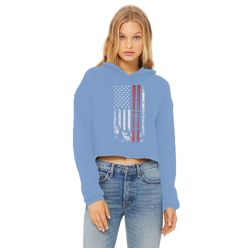 USA Flag - Ski - Thin Red Line Ladies Cropped Raw Edge Hoodie - Powderaddicts