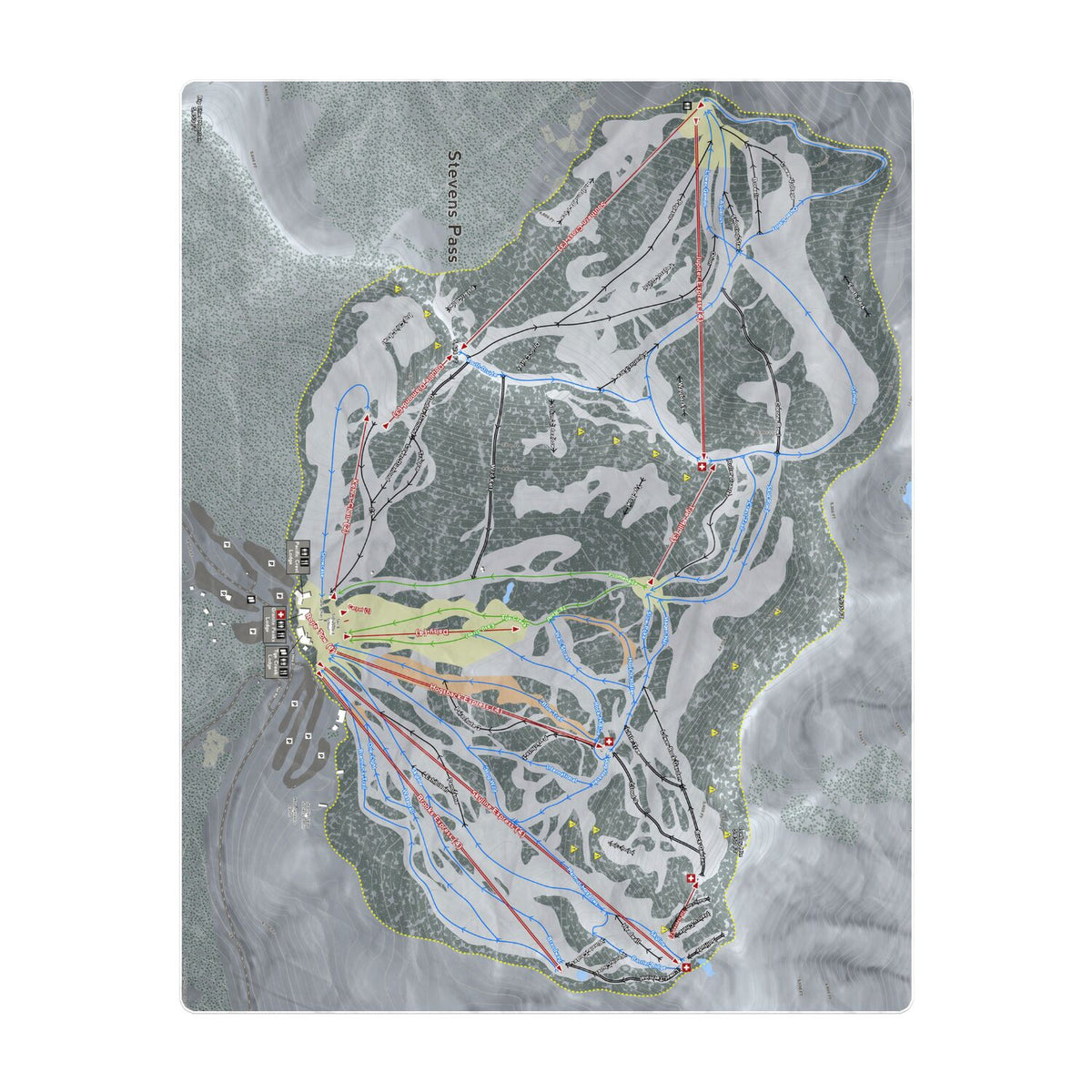 Stevens Pass, Washington Ski Resort Map Printed Beach Towel - Powderaddicts