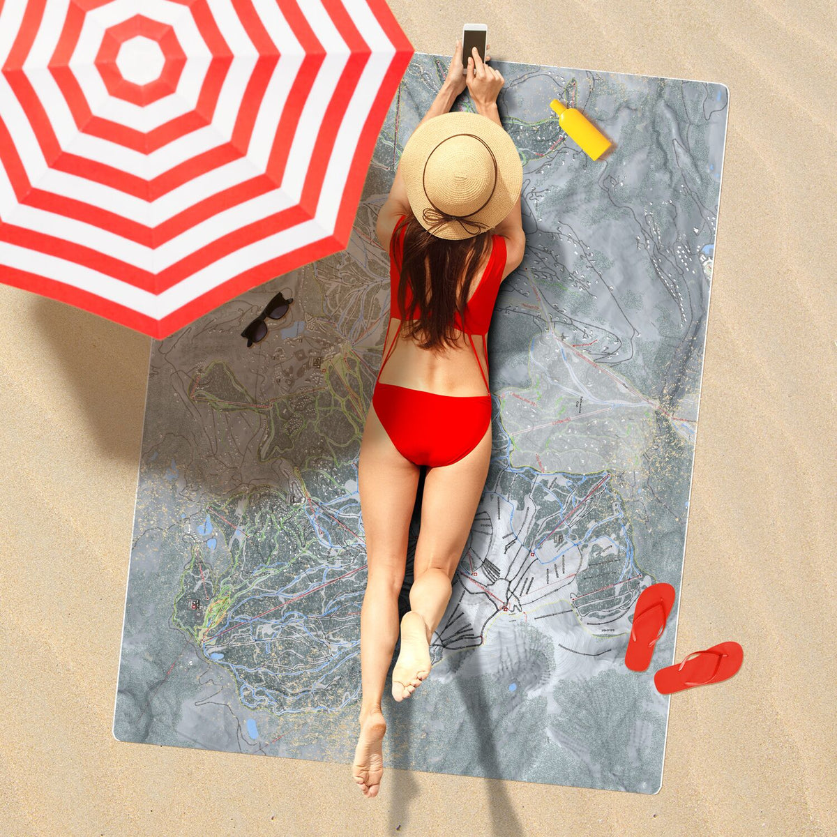 Big Sky, Montana Ski Resort Map Printed Beach Towel - Powderaddicts