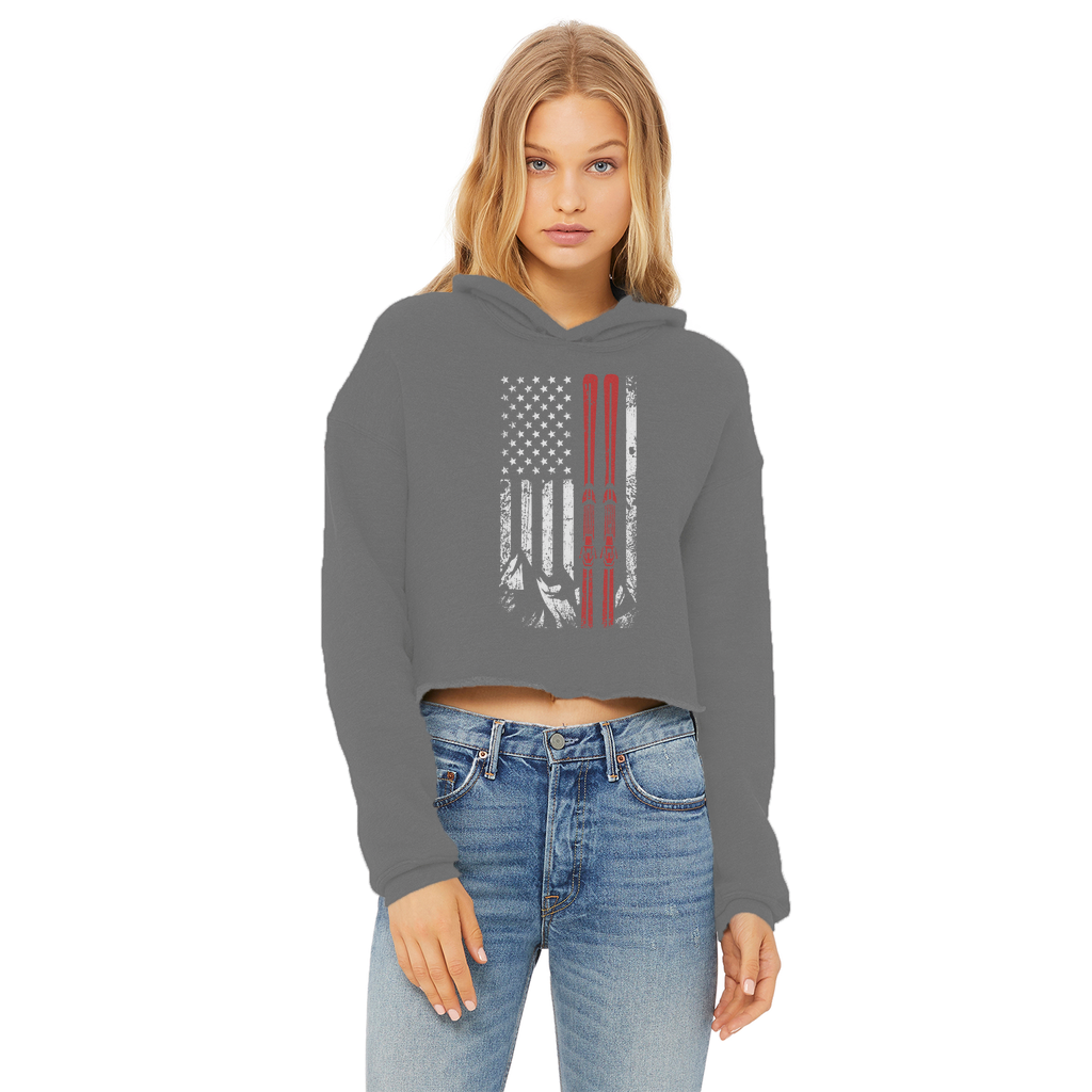 USA Flag - Ski - Thin Red Line Ladies Cropped Raw Edge Hoodie - Powderaddicts