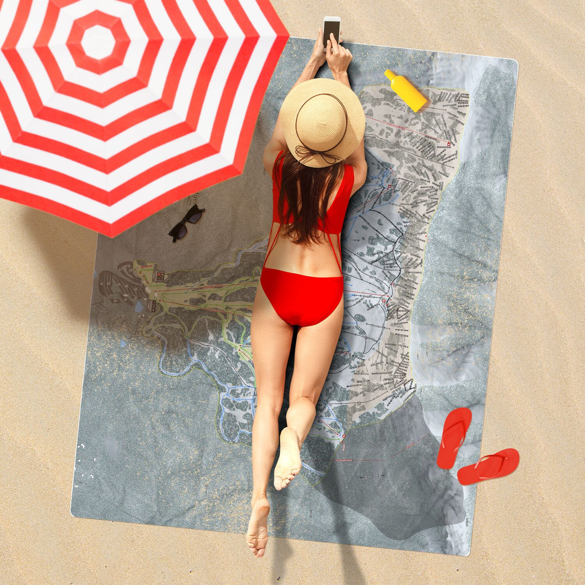 Bridger Bowl, Montana Ski Resort Map Printed Beach Towel - Powderaddicts