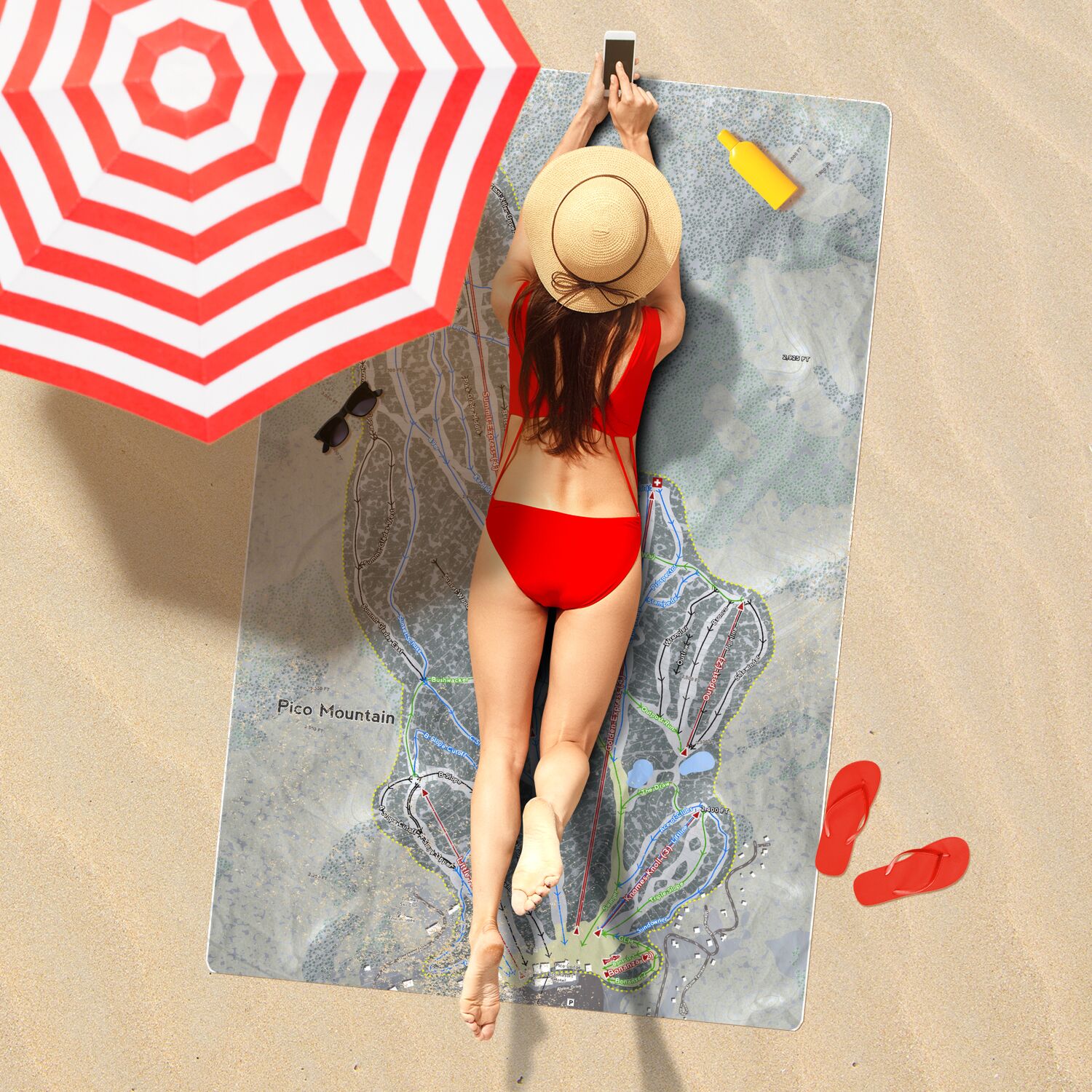 Pico Mountain, Vermont Ski Resort Map Printed Beach Towel - Powderaddicts