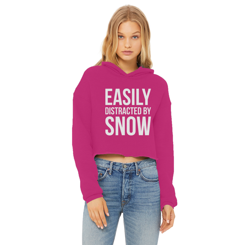 Easily Distracted By Snow Ladies Cropped Raw Edge Hoodie - Powderaddicts