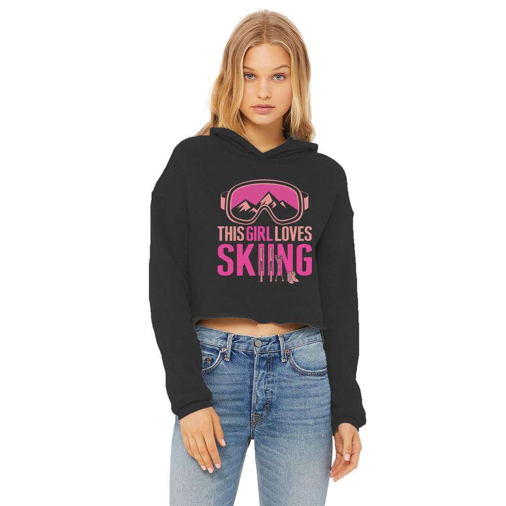 This Girl Loves Skiing Ladies Cropped Raw Edge Hoodie - Powderaddicts