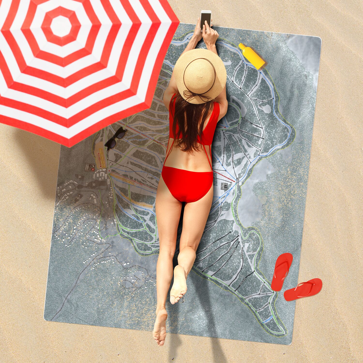 Apex Mountain, British Columbia Ski Resort Map Printed Beach Towel - Powderaddicts