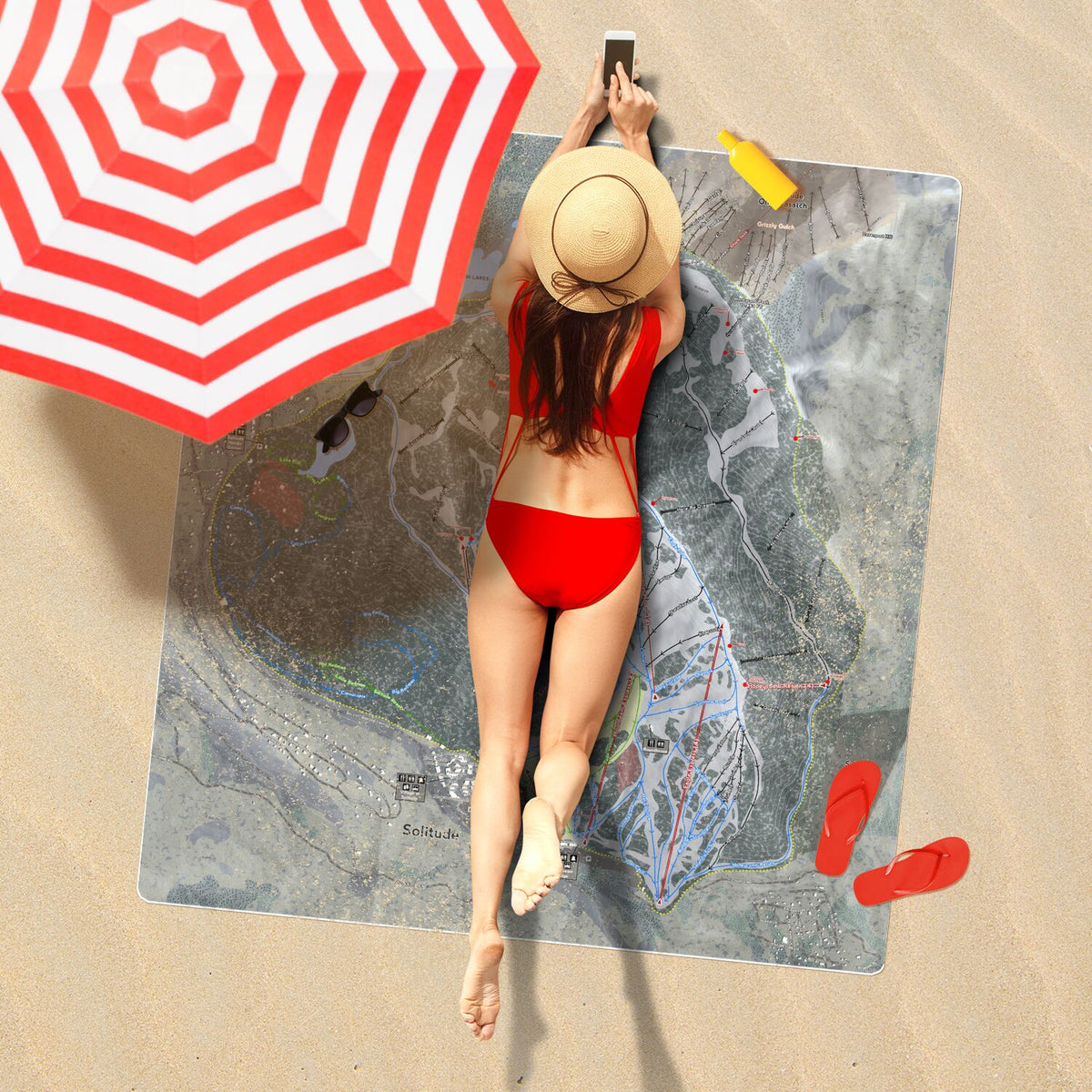 Solitude, Utah Ski Resort Map Printed Beach Towel - Powderaddicts