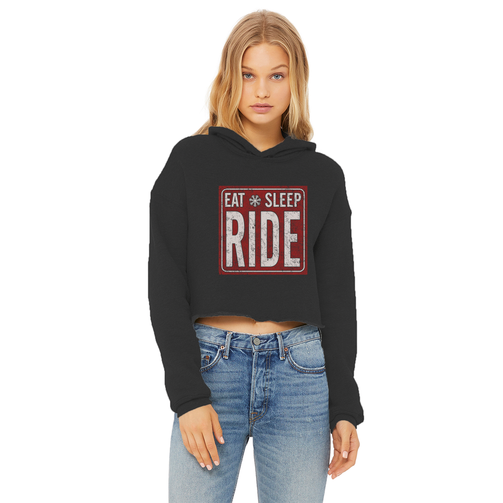 Eat Sleep Snowboard Ladies Cropped Raw Edge Hoodie - Powderaddicts