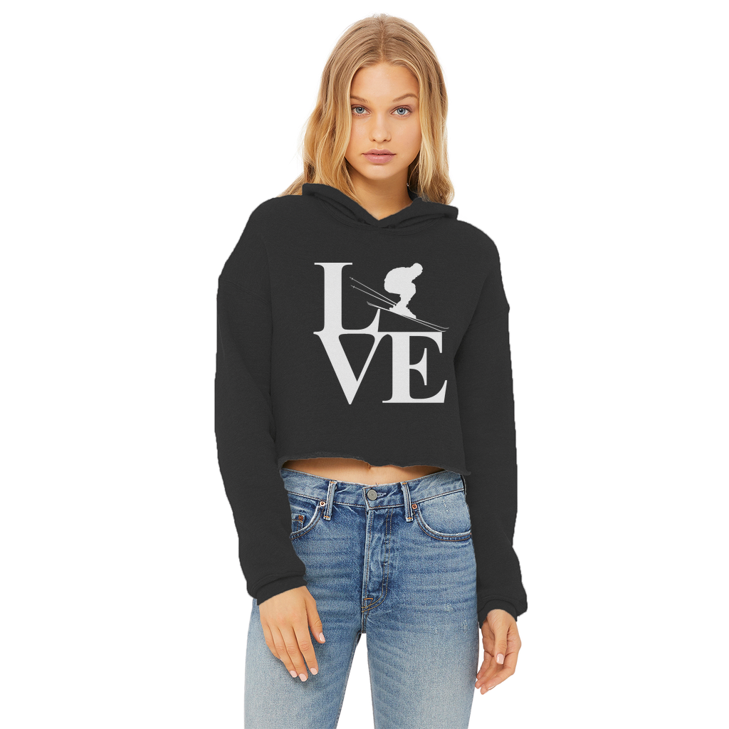 Love Skiing Ladies Cropped Raw Edge Hoodie - Powderaddicts
