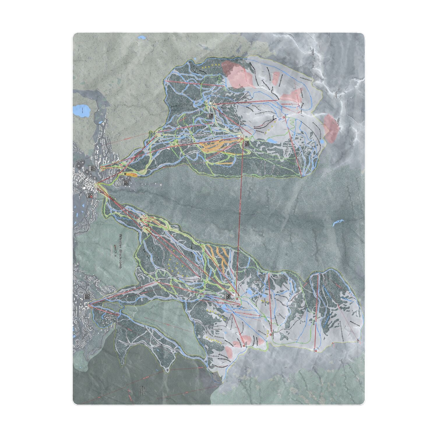 Whistler Blackcomb, British Columbia Ski Resort Map Printed Beach Towel