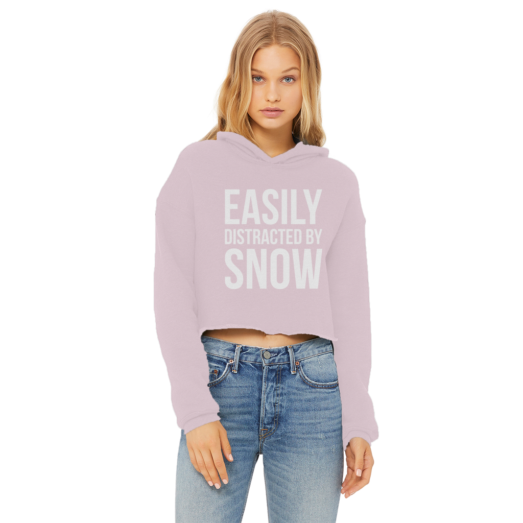 Easily Distracted By Snow Ladies Cropped Raw Edge Hoodie - Powderaddicts
