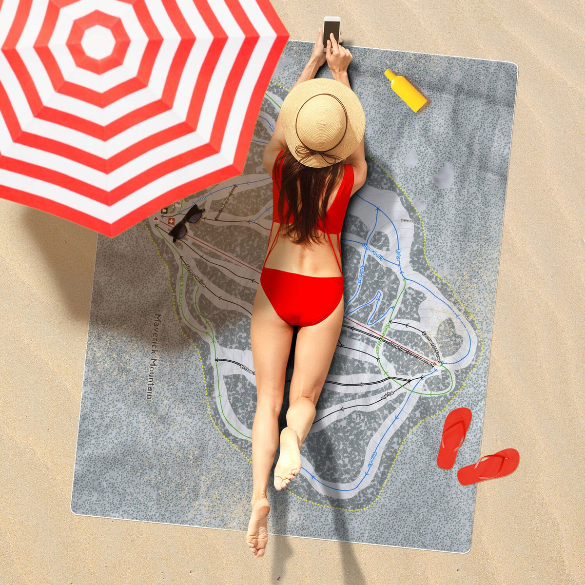 Maverick Mountain, Montana Ski Resort Map Printed Beach Towel - Powderaddicts