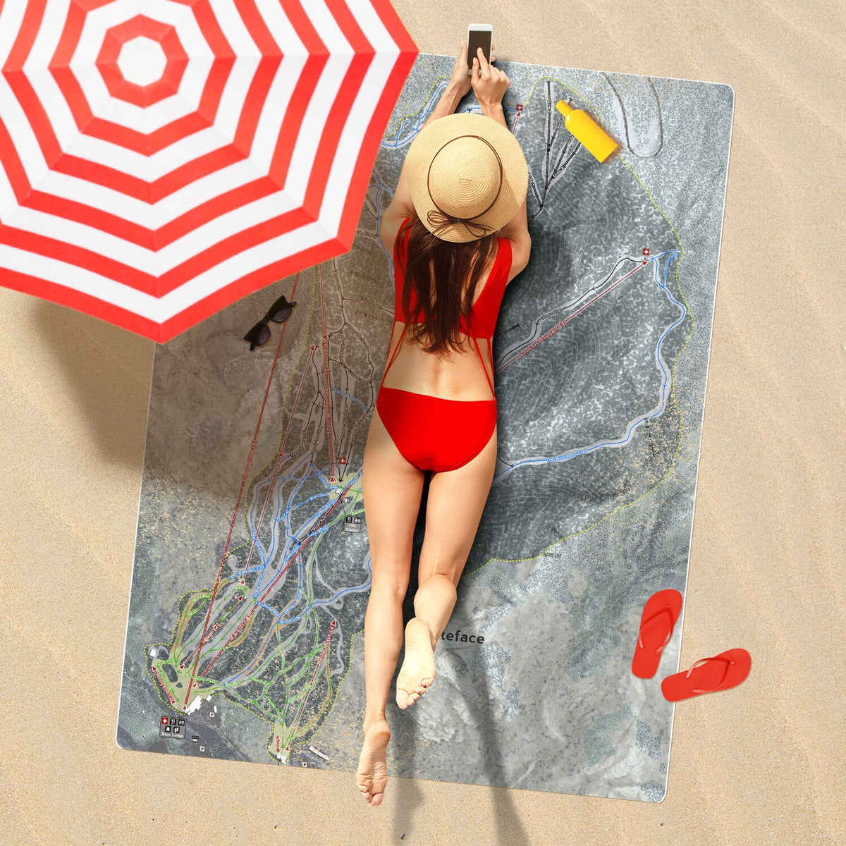 Whiteface, New York Ski Resort Map Printed Beach Towel - Powderaddicts