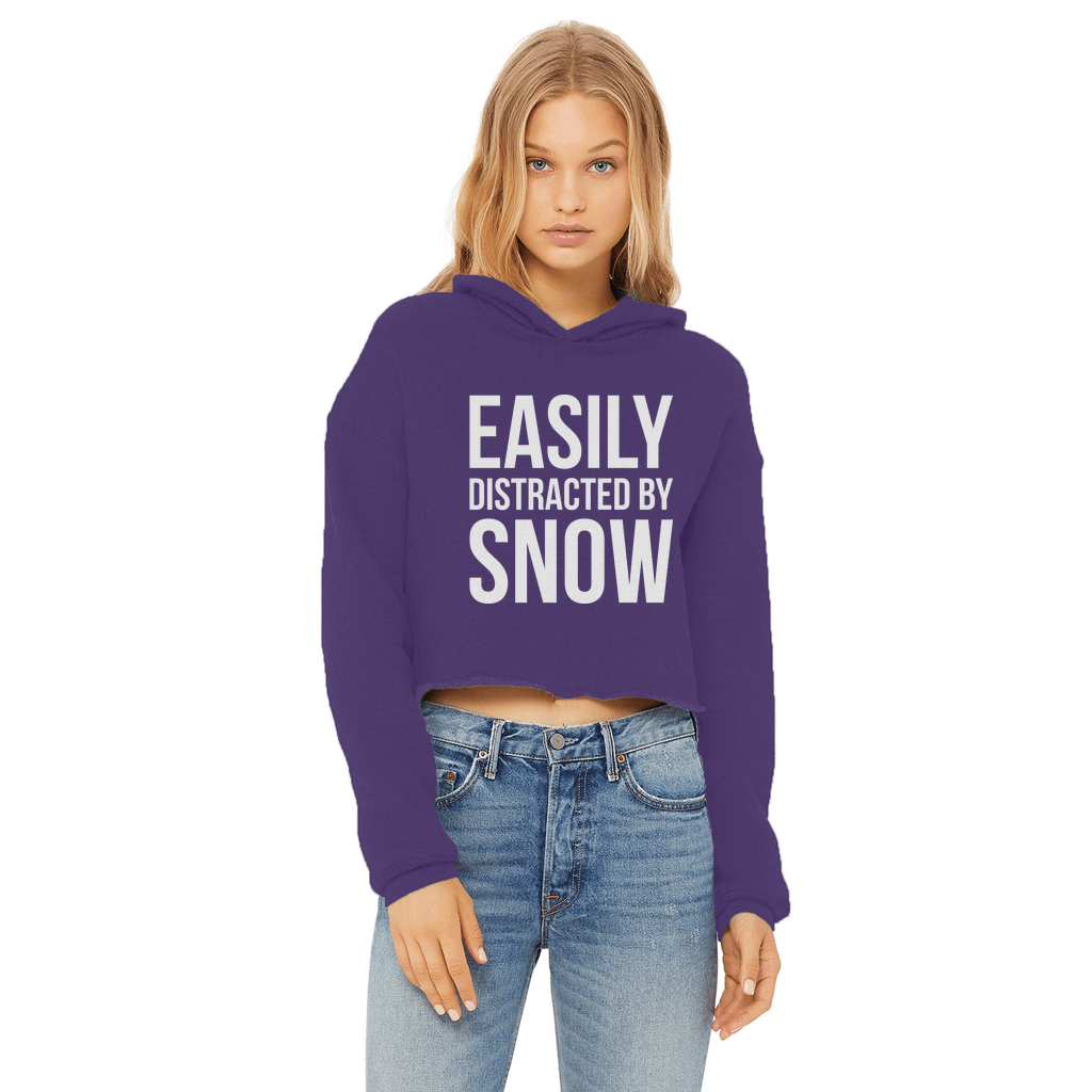 Easily Distracted By Snow Ladies Cropped Raw Edge Hoodie - Powderaddicts