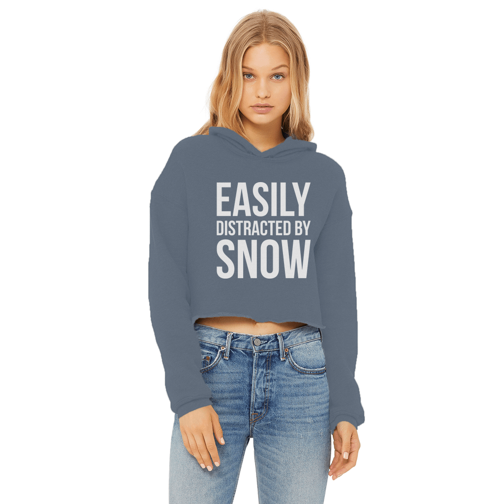 Easily Distracted By Snow Ladies Cropped Raw Edge Hoodie - Powderaddicts