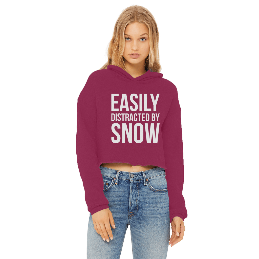 Easily Distracted By Snow Ladies Cropped Raw Edge Hoodie - Powderaddicts