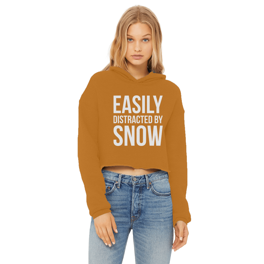 Easily Distracted By Snow Ladies Cropped Raw Edge Hoodie - Powderaddicts